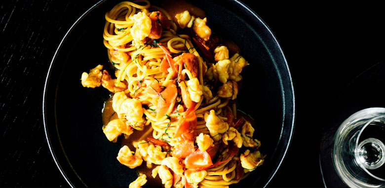 Alessandro Pavonis prawn, cherry tomato and affron pasta